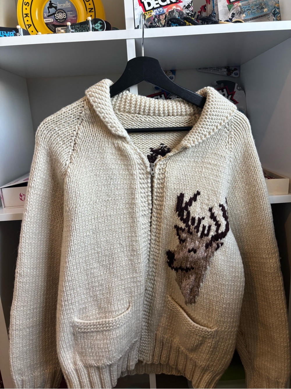 Cream Zip-Front Wool Blend Sweater with Stag Motif